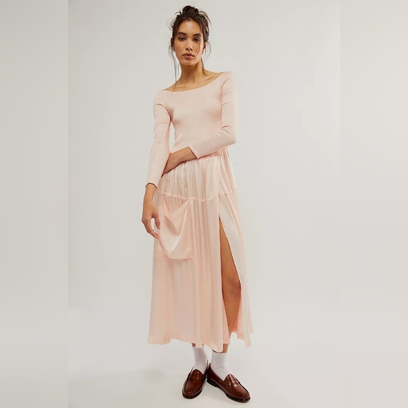 Free People Dresses & Skirts - FREE PEOPLE Lucky Love Midi Dress Baby Pink No Size Tag (S Approx) Satin Finish